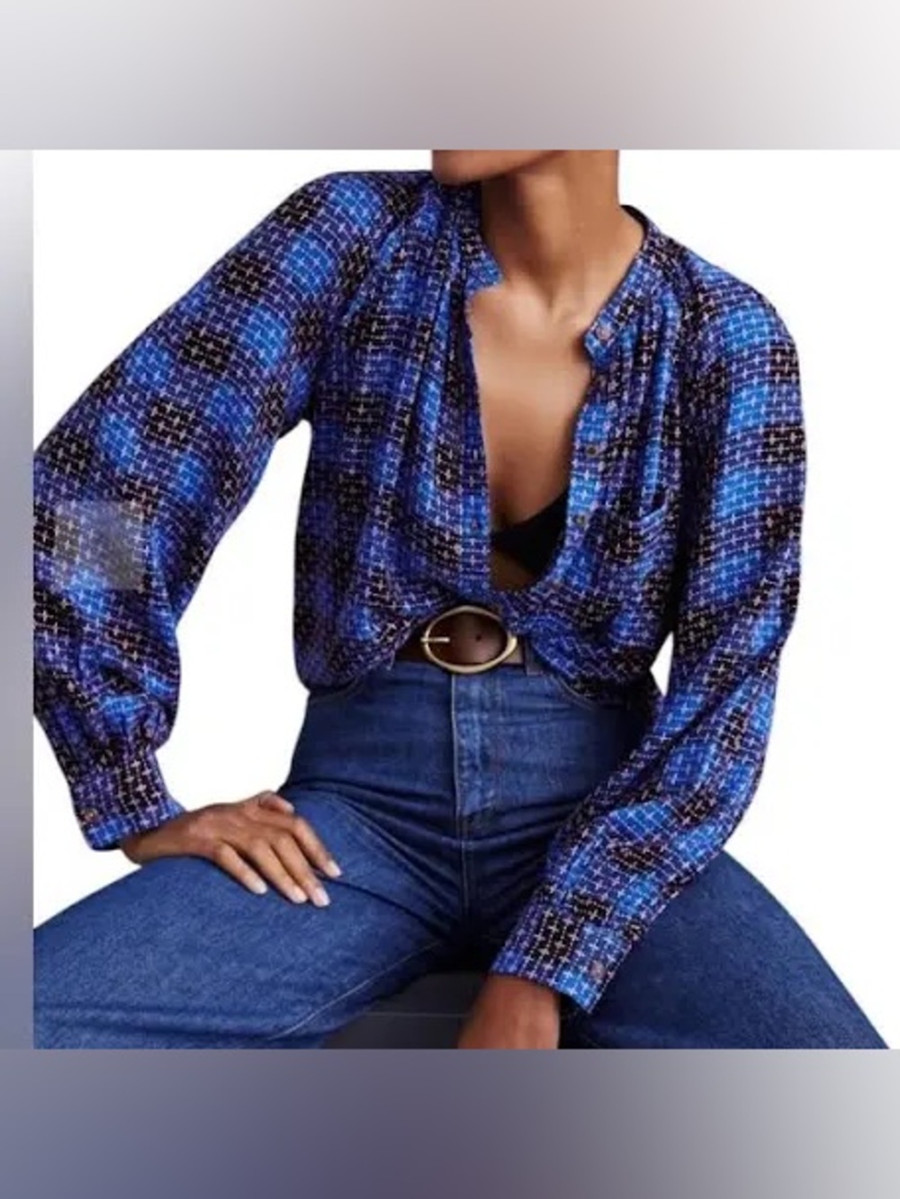 Anthropologie Pilcro blue embroidered plaid button-down long-sleeve blouse